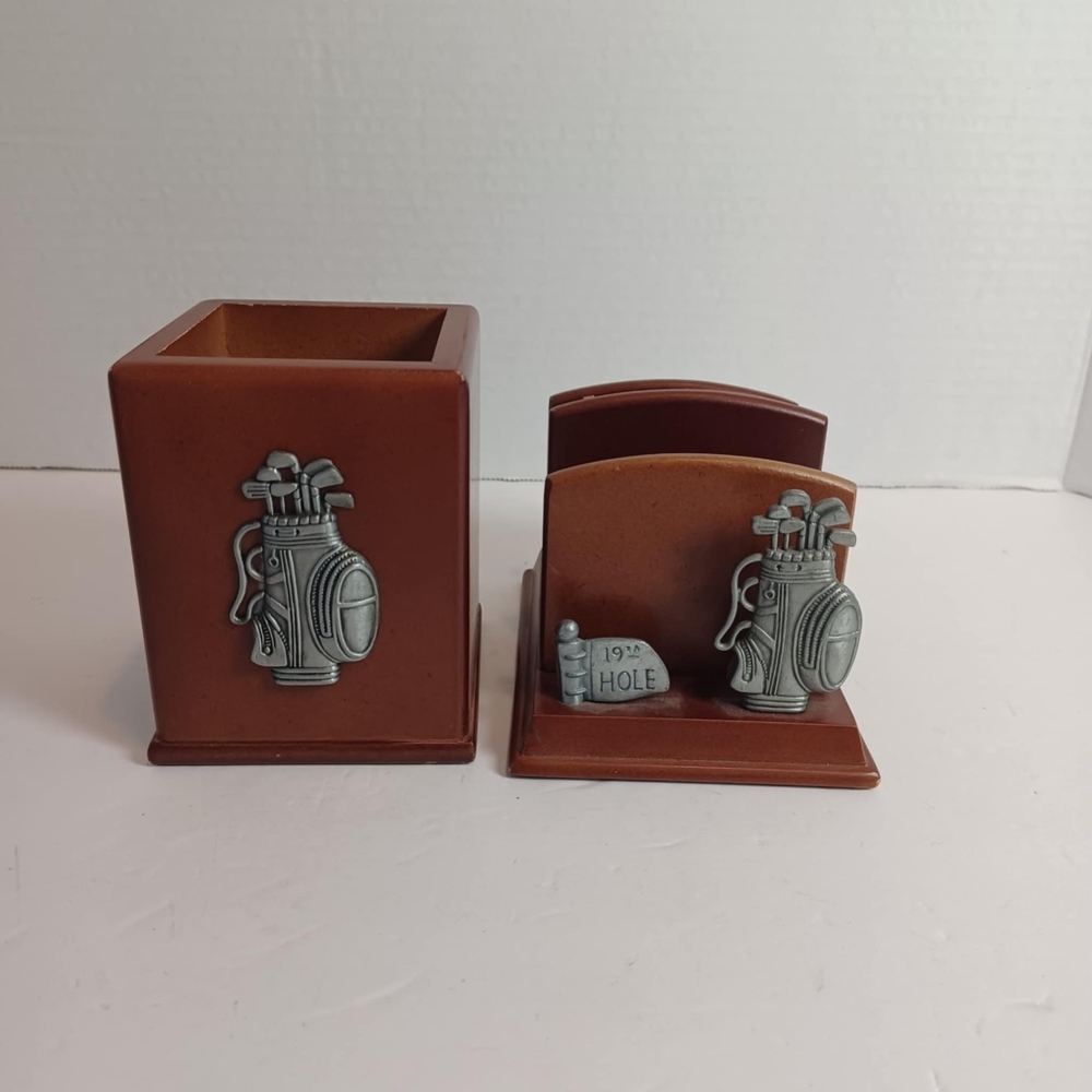 Vtg Desktop‎ Wood and Pewter Mail Organizer And Pen Holder Golf Theme Gift Set